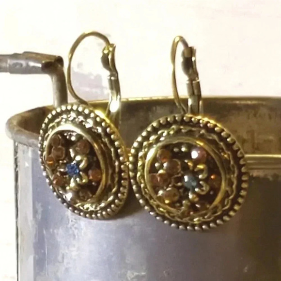 Antique Brass Orange Blue Rhinestone Art Nouveau Style Leverback Earrings - Picture 8 of 12